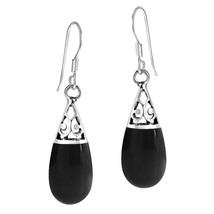 Filigree Swirl Teardrop Black Onyx Inlay .925 Silver Dangle Earrings - £16.54 GBP