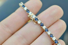 5.25Ct Simulé Saphir Bleu &amp; Diamant Bracelet Tennis 14K or Jaune Plaqué - £233.52 GBP