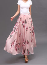Pink Floral Long Chiffon Skirt Women Summer Plus Size Flower Chiffon Skirt image 9