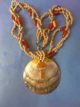 Vintage USSR Soviet Costume Jewelry Beaded Wooden Necklace Amber Nacre Pendant - £23.71 GBP