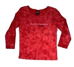 Vintage Harley Davidson Womens L Red Tie Dye 3/4 Sleeve Cropped T Shirt Stars - £11.79 GBP