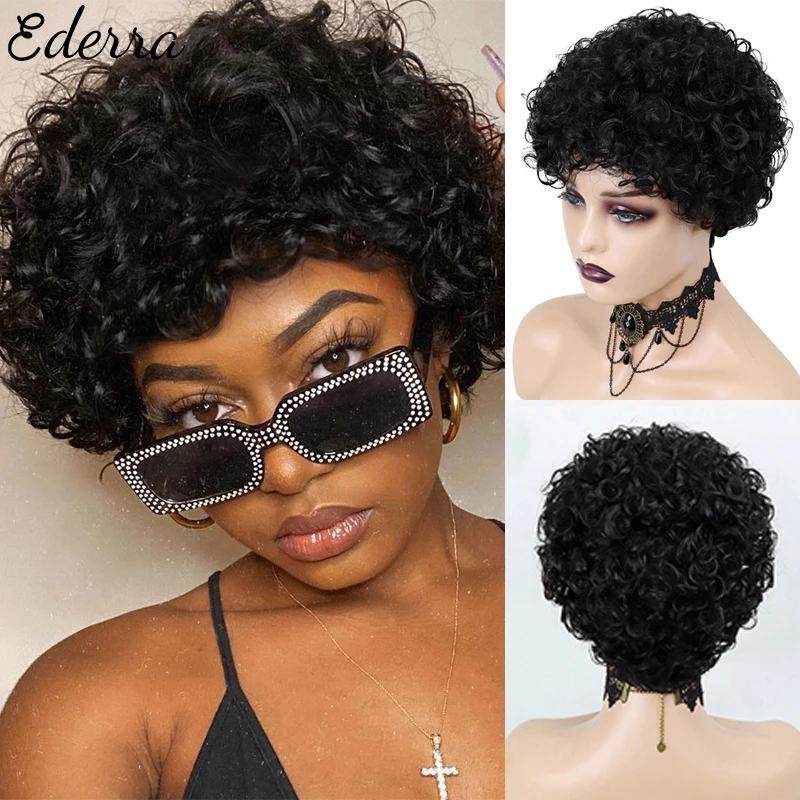 Pixie Cut Wigs Human Hair Wig On Sale Afro Puffs Kinky Curly Short Fringe Bang - £19.35 GBP+