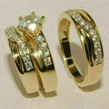 14k Oro Giallo Sopra Diamanti Finti Lui Lei Trio Sposa Set Fidanzamento Anello - £230.37 GBP