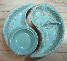 Vintage MCM Bell Mfg Co Yin Yang Ceramic Divided Serving Dishes Blue Gold Floral - £99.32 GBP