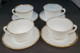 1950s Set of 4 Vintage Fire King Gold Trim White Milk Glass Swirl Teacup Set - £23.34 GBP