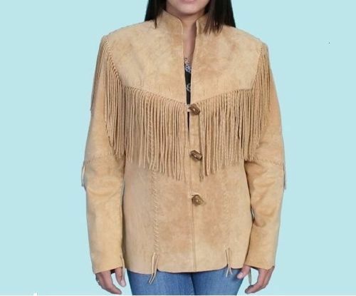 Women's Beige Color Western Style Fringed Suede Genuine Leather Handmade Jacket