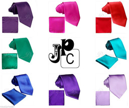 New Men&#39;s Solid Neck Tie And Pocket Square Hankie Set Wedding Party Formal Prom - £9.78 GBP+