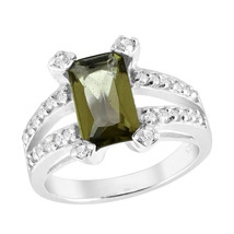 Radiant Olive Green Cubic Zirconia Rectangle Sterling Silver Split Band Ring-7.5 - £17.53 GBP