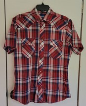 Mens M Wrangler Western Wear Red Plaid Snap Front Short Sleeve Shirt - $18.81