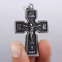Men&#39;s Silver Russian Orthodox Crucifix Cross Pendant Necklace Stainless Steel - £8.69 GBP