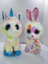TY Beanie Boo Blitz Unicorn &amp; Bloomy Bunny 9&quot; lot of 2 Plush Glitter Eyes - £14.60 GBP