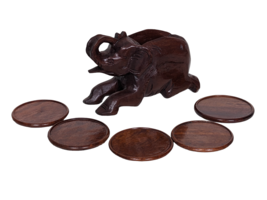 Hand Carved Elephant Coaster Holder, 5 Matching Coasters - £17.89 GBP