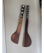 Set of 2 Carved Wood  Flat Spoons with Painted Cow Bone Inset on Handle 8&quot; - £19.51 GBP