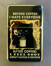 Before And After Coffee Black Cat Hate Everyone Flip Top Oil Lighter Windproof - £11.83 GBP