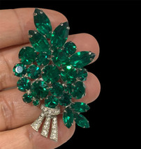 vintage green rhinestone leaf brooch silver tone - £58.98 GBP