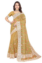 Designer Mustard Multi Resham Embroidery Work Sari Organza Party Wear Saree - $79.95