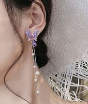 Purple amethyst butterfly earrings with pearl charms - Tassle earrings - £9.53 GBP