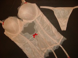 Victoria&#39;s Secret 34B,36C garter slip CORSET+thong Beige White Ivory CHR... - $118.79