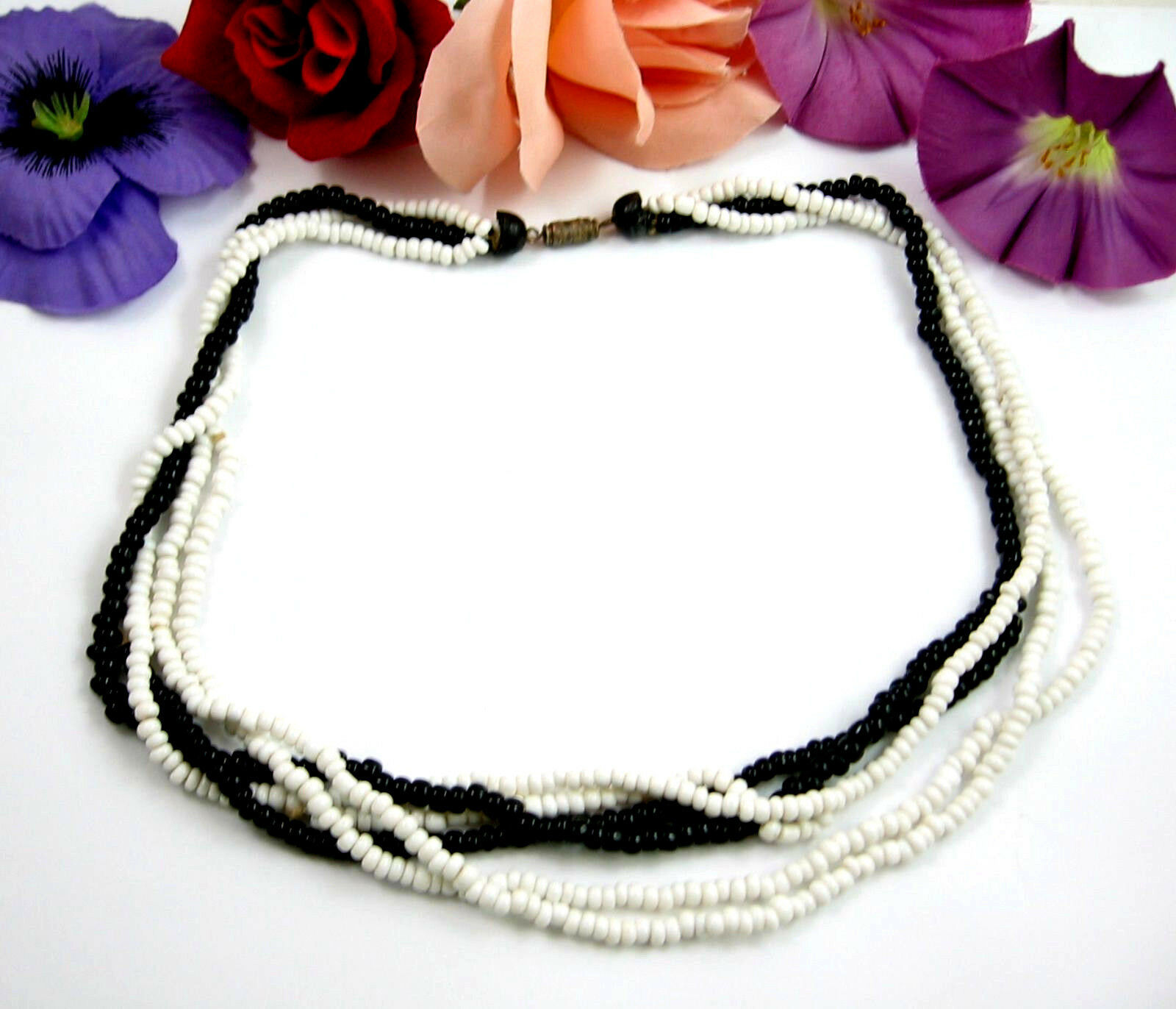 Primary image for Multi Strand Glass BEADS NECKLACE Vintage BLACK & WHITE 3 to 6  Twist Choker 18"