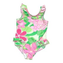 Pink Green One Piece Bathing Suit Girl&#39;s 4T Floral Ruffle Swimsuit Pool Swim - £4.73 GBP