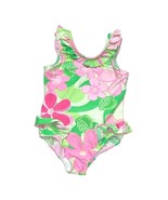 Pink Green One Piece Bathing Suit Girl&#39;s 4T Floral Ruffle Swimsuit Pool ... - £4.69 GBP