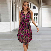 Womens Leopard V-Neck Sleeveless Dress Ladies Summer Holiday Beach Sundress - £25.83 GBP