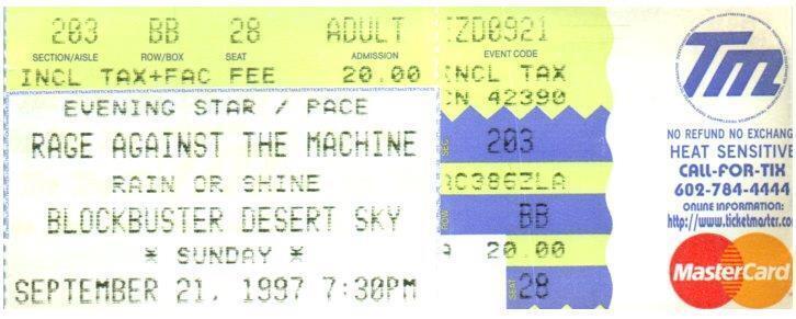 Primary image for Rage Against The Machine Ticket Stub September 21 1997 Phoenix Arizona