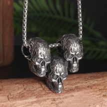 Men&#39;s Three Skull Skeletons Pendant Necklace Gothic Punk Retro Jewelry Chain 24&quot; - £9.54 GBP