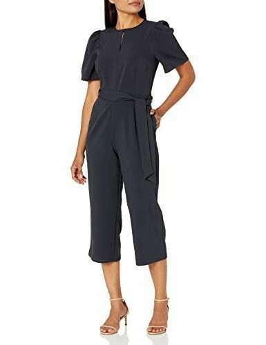 Lark &amp; Ro Women&#39;s Puff Sleeve Split Neck Belted Crop Length Jumpsuit Nav... - $32.14