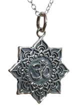 Om Mandala Lotus Necklace 18&quot; Chain Boxed 925 Sterling Silver Sacred Chant Boxed - £19.67 GBP