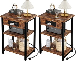 Set Of Two End Tables With Usb Charging Station And Shelves; Tall Night Stand - £77.62 GBP