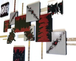 Contemporary Abstract Burgundy Wood and Metal Wall Sculpture 4pc, 50x32 - Art69 - £352.36 GBP