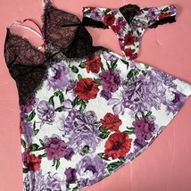 Victoria&#39;s Secret S SLIP Dress Gown+thong Set Floral White PURPLE red Bl... - $98.99