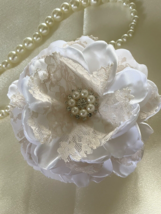 HANDMADE WHITE SINGED SATIN PETAL FLOWER WITH CHAMPAGNE LACE - $11.88