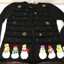 Quacker Factory Large Cardigan Snowmen Christmas Holiday Beaded Applique - $33.00