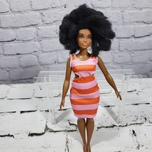 African American Barbie Fashion Doll Curvy Black Afro Striped Dress Mattel 2015  - £11.72 GBP
