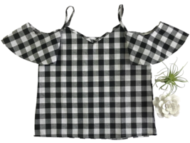 New Boutique Gingham Off Shoulder Top Black White Check Strap Buffalo Plaid S - £11.01 GBP