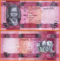 SOUTH SUDAN 2015 UNC 5 South Sudanese Pounds Banknote Money Bill P- 6  Prefix AR - £1.17 GBP