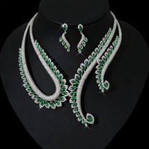 Indian Bollywood Style CZ Silver Plated Jewelry Necklace Green Emerald Set - £68.75 GBP
