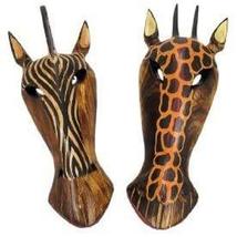 10" Pair Of Giraffe And Zebra Hand Carved Tribal Head Masks Scratch And Dent - $19.74