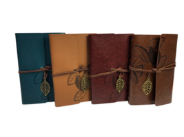 Vintage 7x5&quot; Leatherette Journal w/ Leaf Pendant &amp; Pens, 4 Colors: You Choose - £12.75 GBP