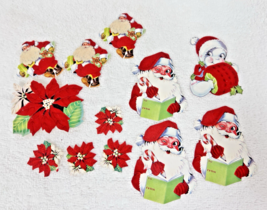 12 Vintage Christmas Flocked Gift Tags &amp; Gummed Seals Santa Gifts Poinse... - €12,41 EUR