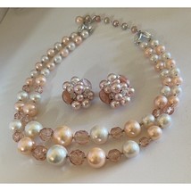 Pink Bead and Crystal Mid Century Necklace and Earrings - $14.24