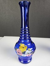 VTG PAIR (2) 8&quot; COBALT BLUE BEEHIVE RIBBED RING GLASS BUD VASE MARKED USA - £20.02 GBP