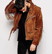 Men&#39;s Brown 100% Pure Suede Leather Fringe Jacket Style Slim Fit Jacket ... - £95.55 GBP+