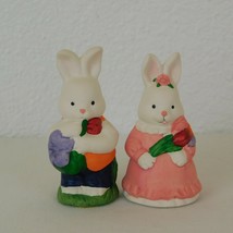 Rabbit Salt &amp; Pepper Shakers Bunny Dressed Flowers Porcelain Pink Dress ... - £7.77 GBP