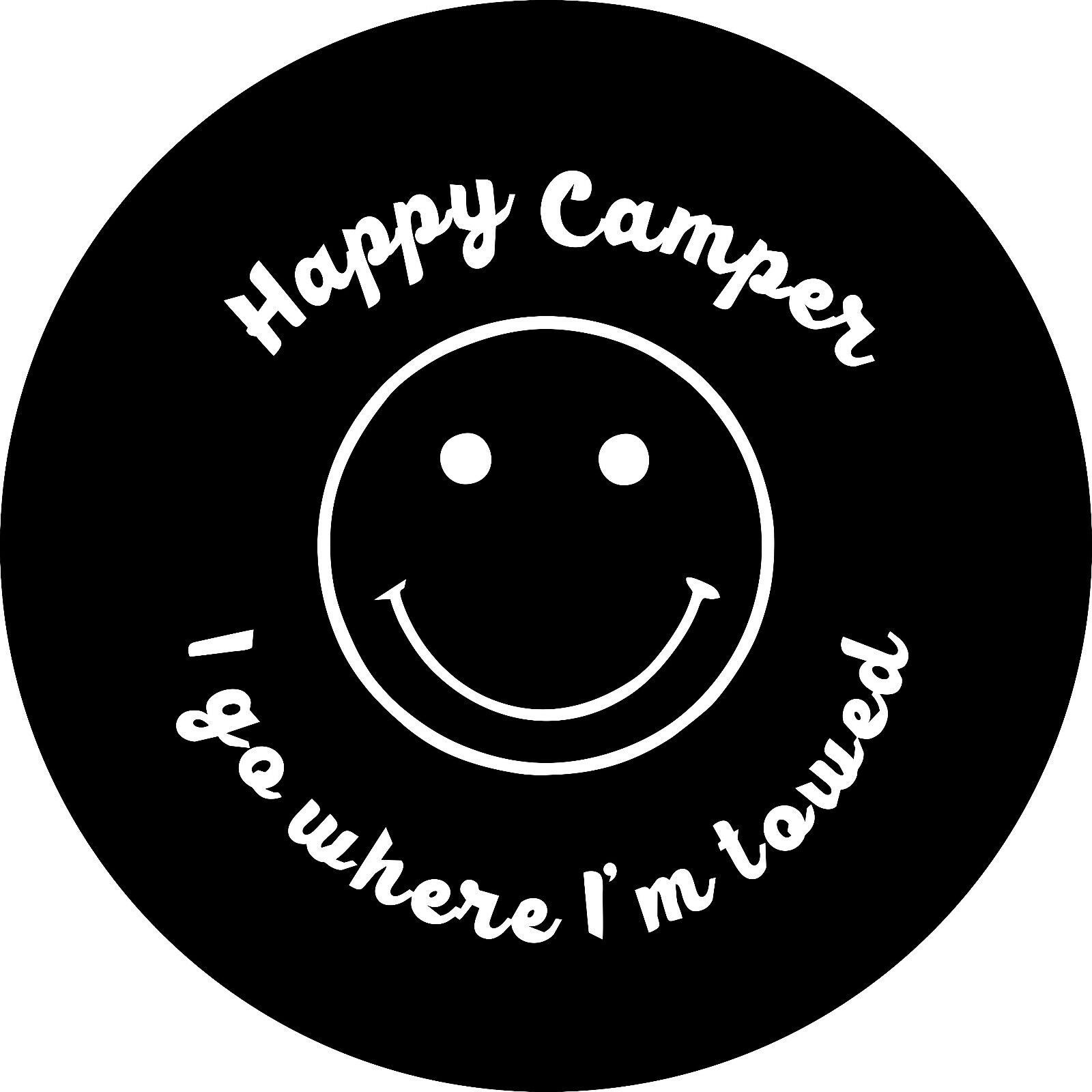 Primary image for Happy Camper (white on blk) Spare Tire Cover ANY Size, ANY Vehicle,Trailer,RV