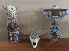 Vintage Ceramic Hand Painted Indian Totem Poles and Bull Skull 3pc 9.5&#39;&#39;... - £33.10 GBP