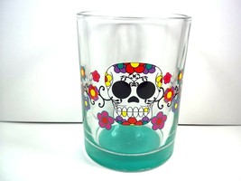 Day of the Dead bar glass Sugar Skull and flowers green base 8 oz - £7.75 GBP