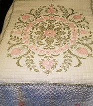Vintage Stitched Pink Design Cotton Bed Quilt Coverlet Beautiful! - £91.00 GBP